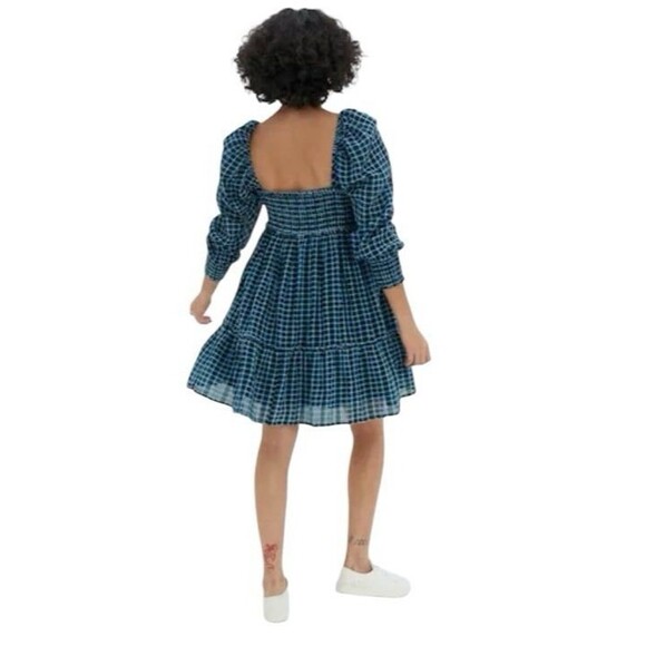 American Eagle Blue Smocked Plaid Babydoll Mini Dress Women’s Large Academia - Picture 4 of 12